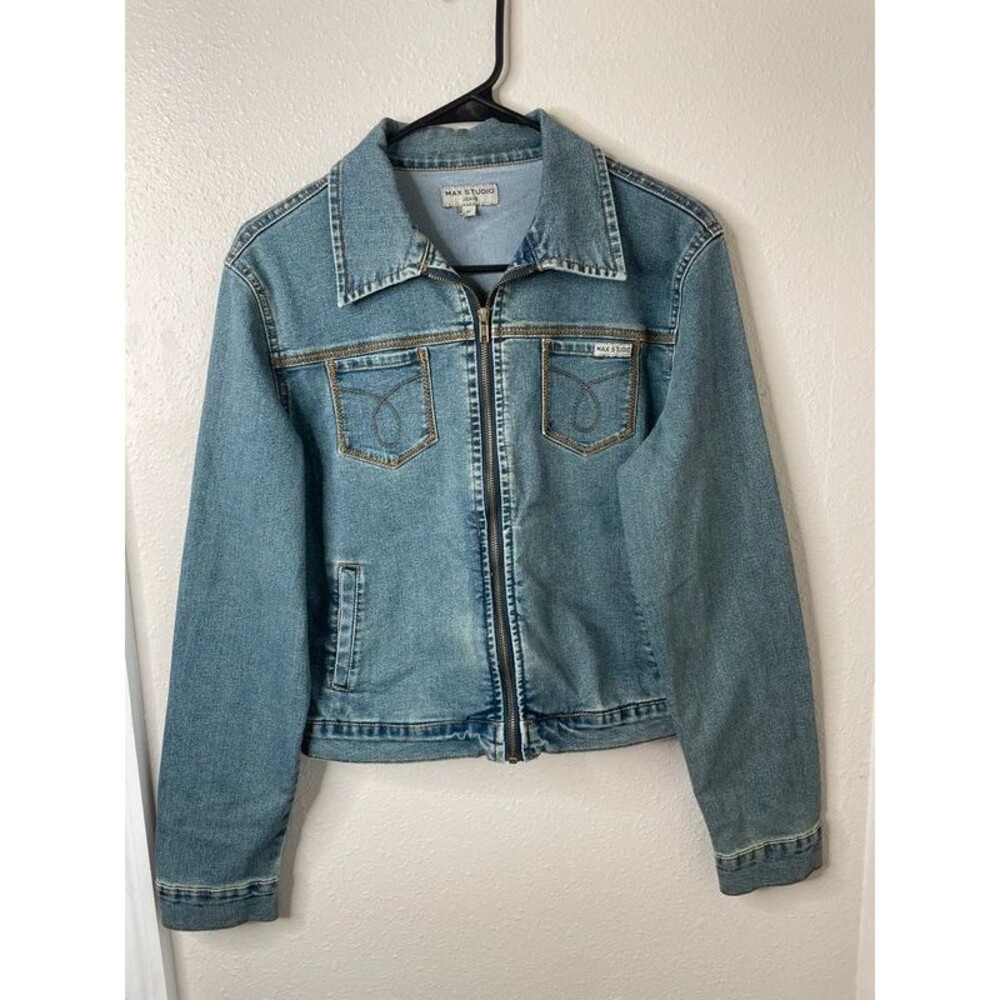 Vintage Max Studio Jeans Denim Zip Front Jacket Medium Western Utility